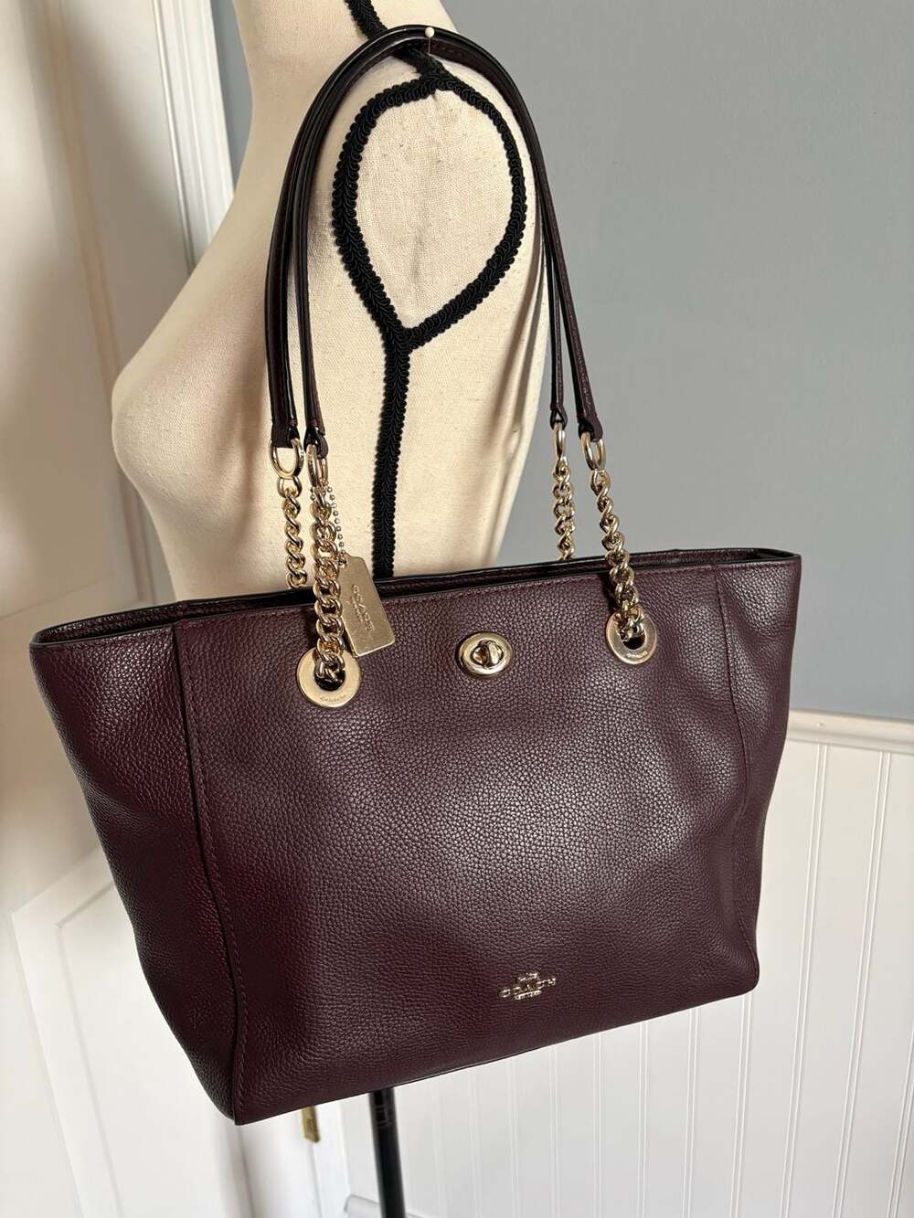 Coach Turnlock Chain Tote 27 Oxblood Leather